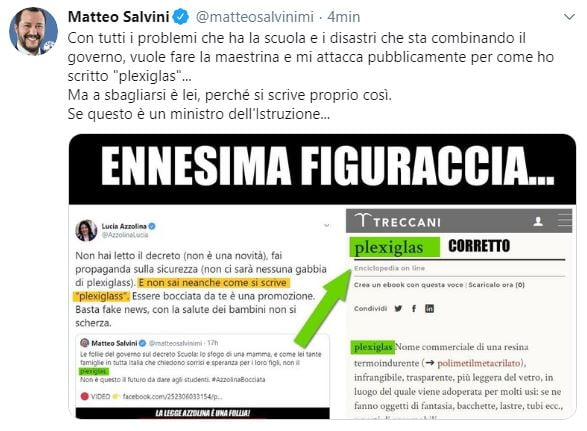 Sul “Plexiglas” la Treccani dà ragione a Salvini: la ministra Azzolina ha torto