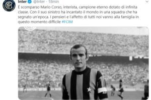 Calcio: addio a Mario Corso, mancino dell’Inter