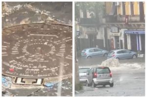 Paternò, ‘fontana’ di acqua in Piazza Vittorio Veneto: il maltempo fa saltare i tombini (VIDEO)