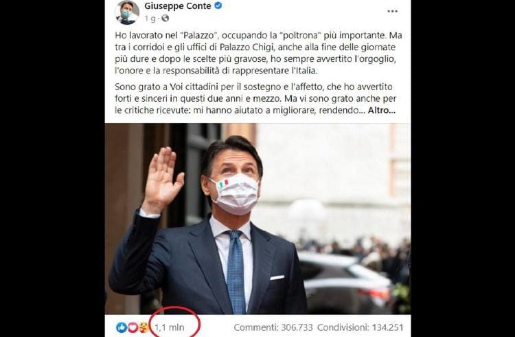 Social, oltre 1 milione di ‘mi piace’ per l’addio di Conte su Facebook: è il più cliccato per un politico