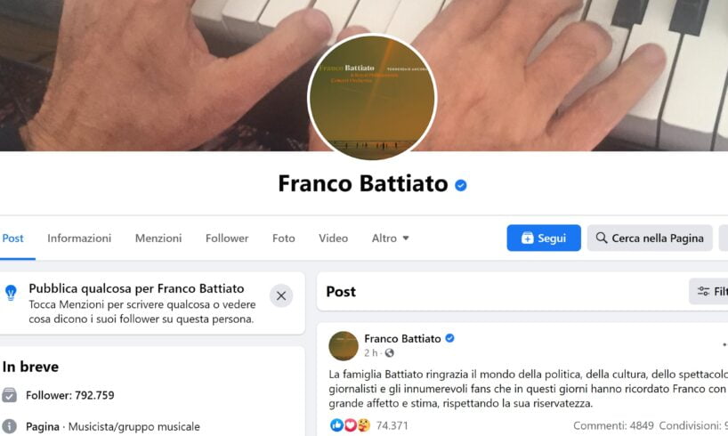 Battiato, la famiglia del Maestro: “Grazie a tutti per l’affetto, la stima e la riservatezza”