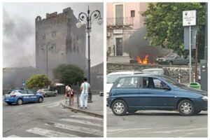 Adrano, fumo attorno al Castello Normanno: in fiamme auto che perdeva benzina dal serbatoio