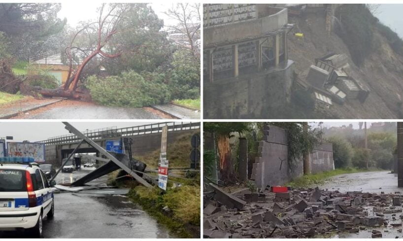 Maltempo, danni in provincia di Catania: alberi caduti per il forte vento. A Mineo frana il cimitero comunale