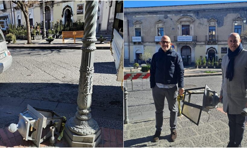 Paternò, vandali in Piazza Umberto staccano la parte alta di un lampione: probabile raid notturno