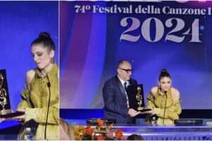 Sanremo, l’adranita Sangrigoli consegna ad Angelina Mango il premio ‘Sala Stampa Lucio Dalla’