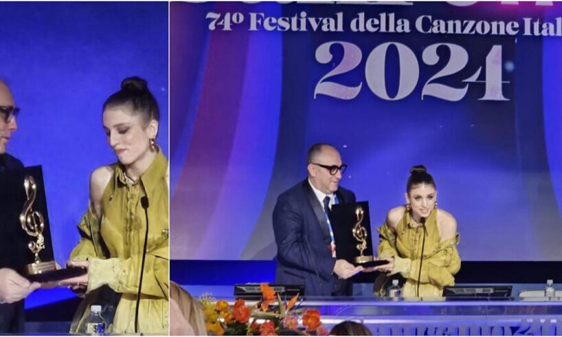 Sanremo, l’adranita Sangrigoli consegna ad Angelina Mango il premio ‘Sala Stampa Lucio Dalla’