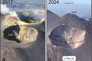 L’Etna cresce: supera i 3400 mt il bordo del cratere Voragine: il ‘sorpasso’ sul Sud-Est